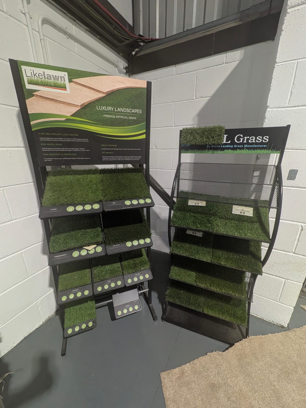 Artificial grass sample stands in the Craig McLean Flooring showroom, Penrith
