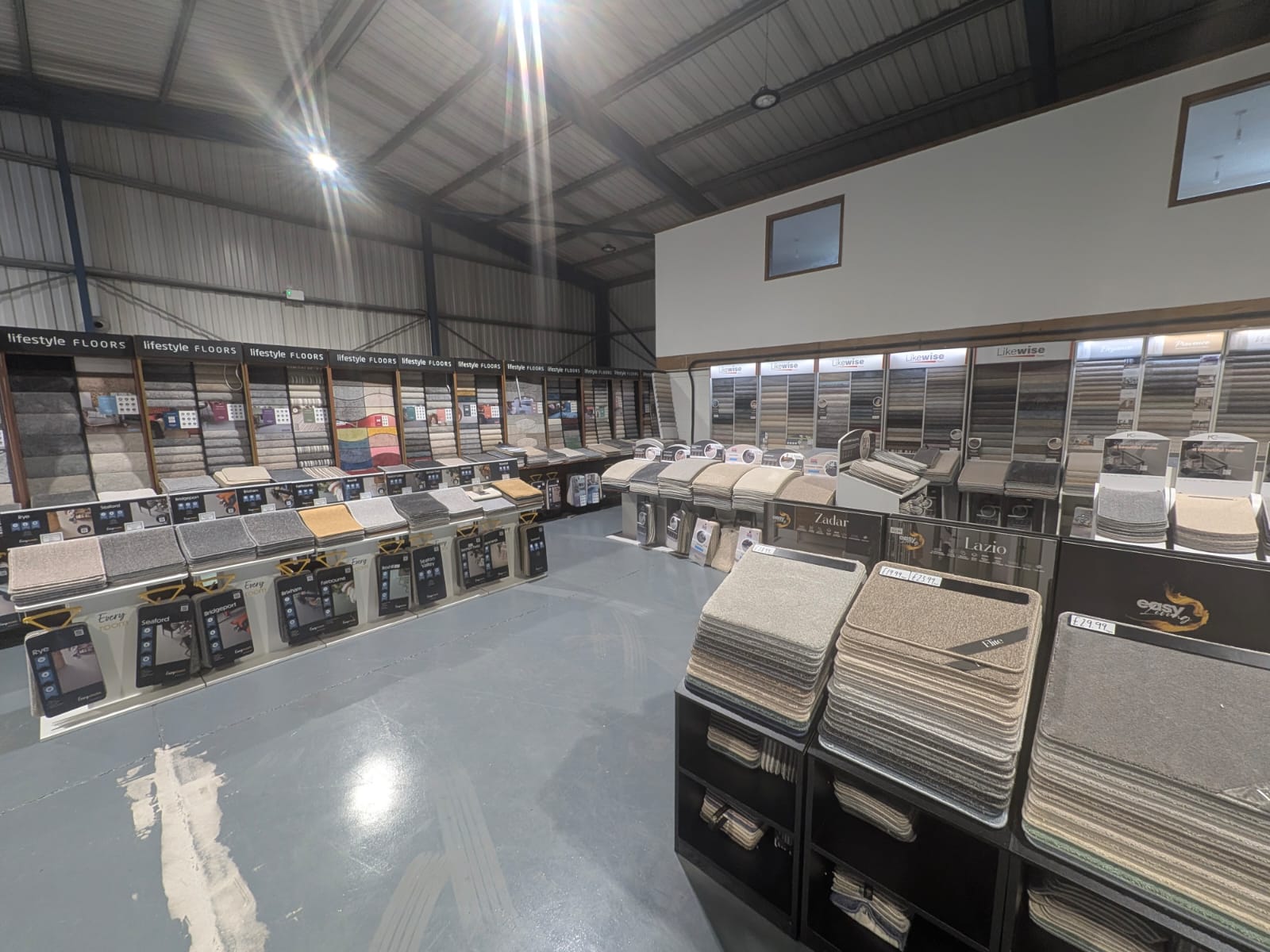 Carpet sample displays inside the Craig McLean Flooring showroom, Penrith